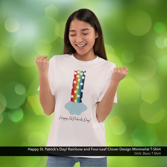 St. Patrick's Day Rainbow 4-Leaf Clover Minimalist T-Shirt (Happy St. Patrick's Day T-Shirt with a Rainbow and Four-Leaf Clover Minimalist Design)