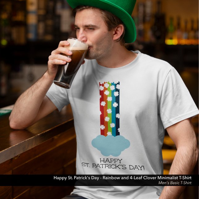 St. Patrick's Day Rainbow 4-Leaf Clover Minimalist T-Shirt (Happy St. Patrick's Day T-Shirt with a Minimalist Rainbow and Four-Leaf Clover Design.)