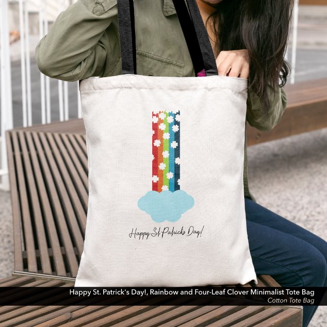 St. Patrick's Day Rainbow 4-Leaf Clover Minimalist Tragetasche (Happy St. Patrick's Day Minimalist Tote Bag with a Rainbow and Four-Leaf Clover Design. )