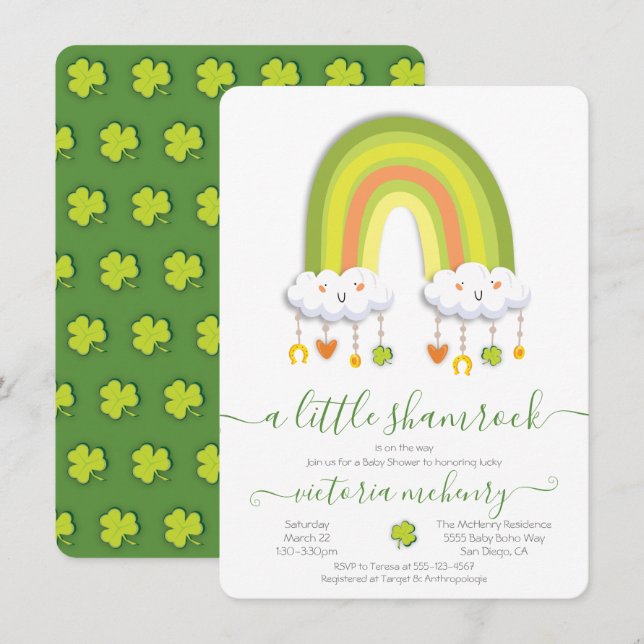 St. Patrick's Day Rainbow Kleeblatt Baby Shower Einladung (Vorne/Hinten)