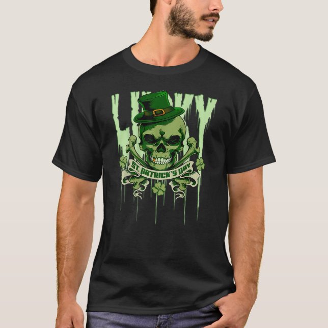 St Patrick's Day Skull Irish 4-Leaf Clover Shamroc T-Shirt (Vorderseite)