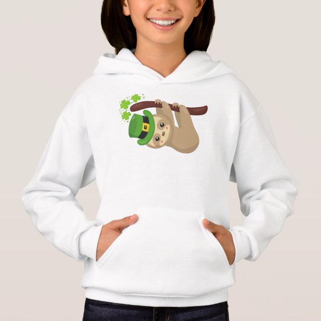St. Patrick's Day Sloth, Leprechaun Hat, Clovers Hoodie (Vorderseite)