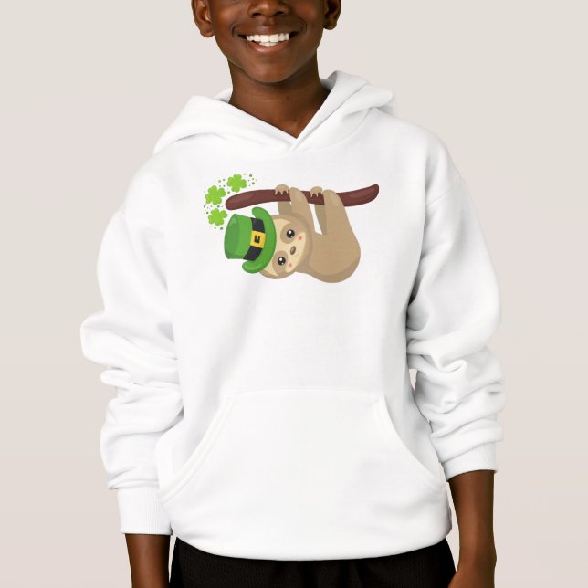 St. Patrick's Day Sloth, Leprechaun Hat, Clovers Hoodie (Vorderseite)