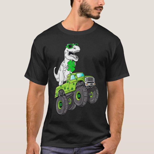 St Patricks Day T Rex Riding Monster Truck Dino To T-Shirt (Vorderseite)