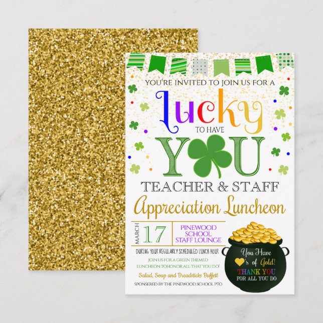 St. Patricks Day Themed Teacher Wertschätzung  Einladung (Vorne/Hinten)