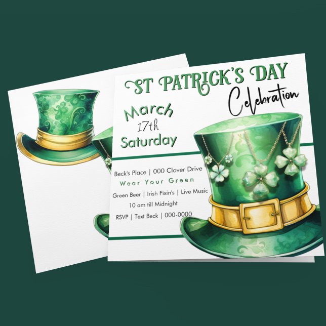 St Patrick's Day Top Hat mit Clover Jewels Party Einladung (Happy St Patrick's Day customizable party invitation with Leprechaun Top Hats and Shamrocks)