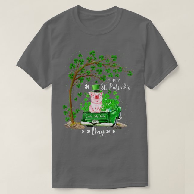 St Patricks Day Truck Pig Familienschiff Kleeblatt T-Shirt (Design vorne)