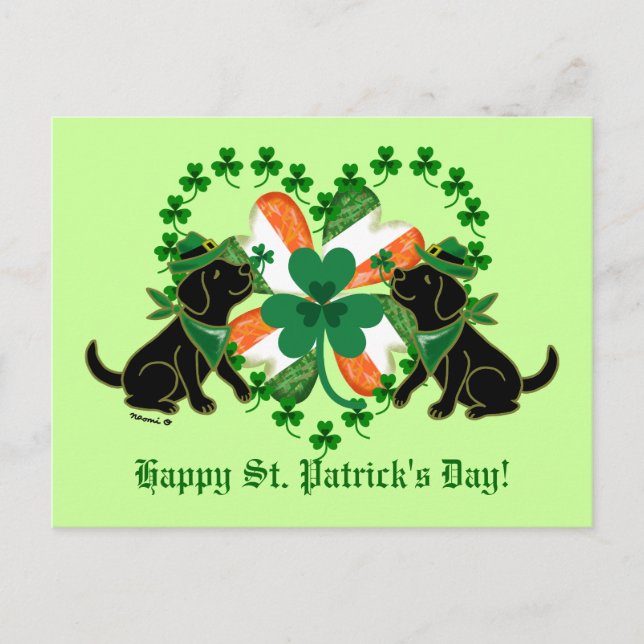 St. Patrick's Day Two Black Labradors Postkarte (Vorderseite)