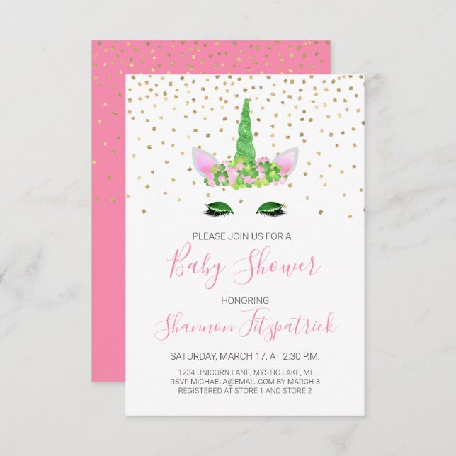 St. Patrick's Day Unicorn Girl's Pink Baby Shower Einladung (Vorne/Hinten)