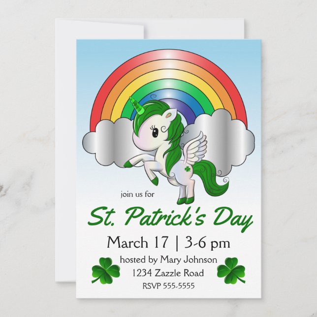 St. Patrick's Day Unicorn Pegasus Einladung (Vorderseite)
