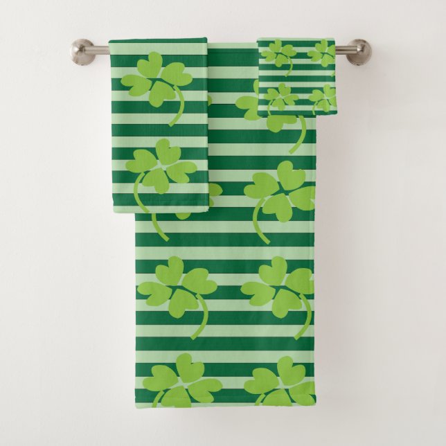 St Patricks Day Vierblättriges Kleeblatt Streifen  Badhandtuch Set (Insitu)