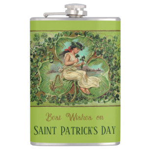St. Patrick's Day Vintag Girl mit Kleeblättern Flachmann