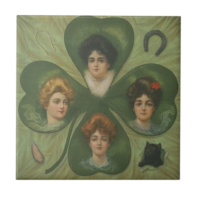 St. Patrick's Day Vintage Kleeblatt Lady Luck Kuns Fliese (Vorderseite)