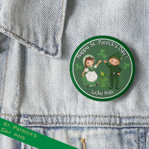 St. Patricks Day Vintage Kobold & Mädchen Button