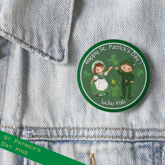 St. Patricks Day Vintage Kobold & Mädchen Button (ST. Patrick's Day vintage Leprechaun & girl Button)