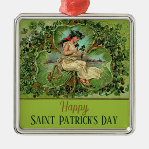 St. Patrick's Day Vintage Mädchen mit Shamrocks Ornament Aus Metall