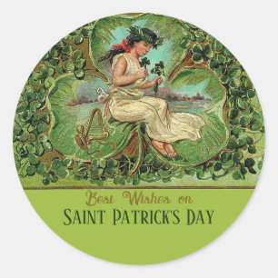 St. Patrick's Day Vintage Mädchen mit Shamrocks Runder Aufkleber