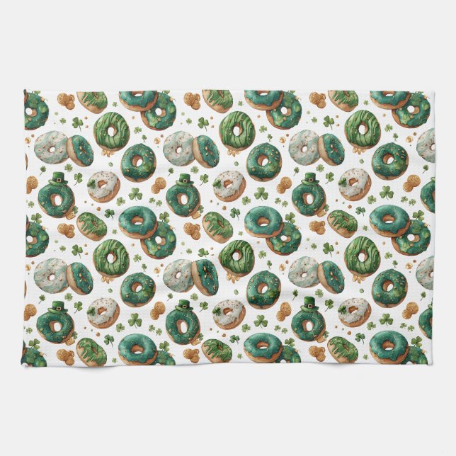 St. Patricks Day Wasserfarbe Donut & Kleeblatt Geschirrtuch (Horizontal)