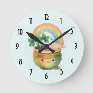 St. Patrick's Day Whimsical Rainbow & Clover Runde Wanduhr