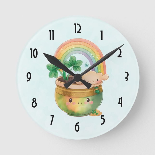 St. Patrick's Day Whimsical Rainbow & Clover Runde Wanduhr (Vorderseite)
