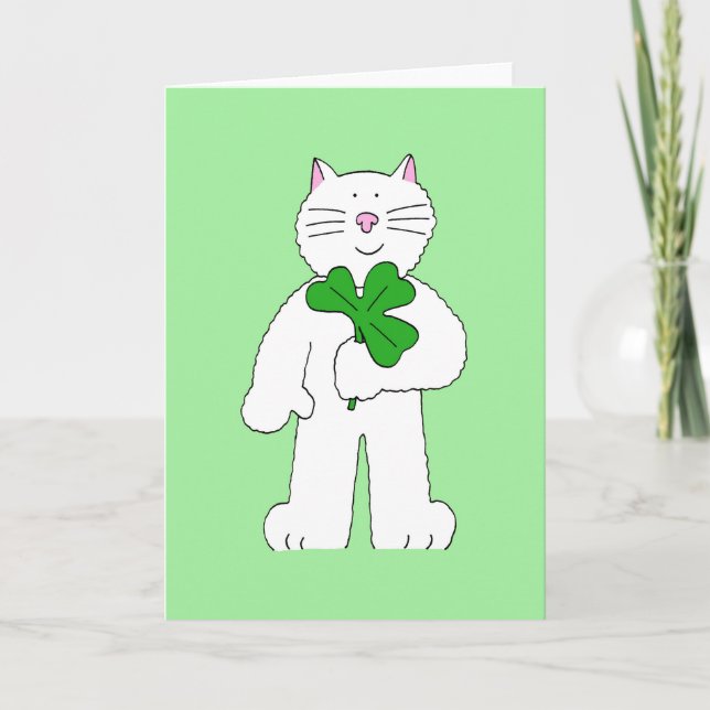 St Patrick's Day White Cat mit Kleeblatt Karte (Vorderseite)
