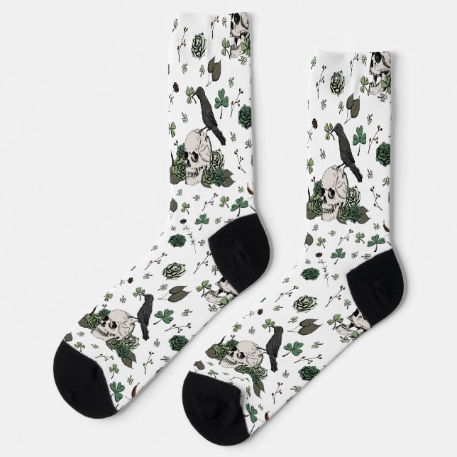 St Patrick's Day White & Green Skulls & Rose Socken (Linkes Detail)