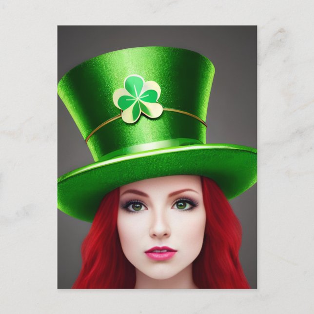 St. Patricks Day Woman Red Hair Green Tophat Postkarte (Vorderseite)