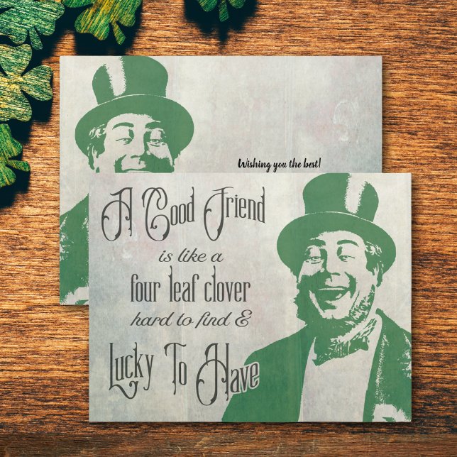St. Patricks Freundschaft Vintage Typografie Karte (Saint Patrick - Good Friend Card. Lucky Irishman or Leprechaun. Green vintage look. )