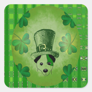 St. Patricks Hund mit Shamrocks Zeichnung Aufklebe Quadratischer Aufkleber