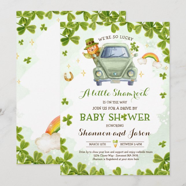 St Patrick's kleines Kleeblatt Drive by Baby Showe Einladung (Vorne/Hinten)