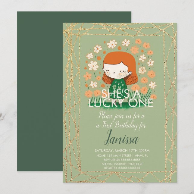 St Patricks Lucky Birthday Girl Kleeblatt Glitzer Einladung (Vorne/Hinten)