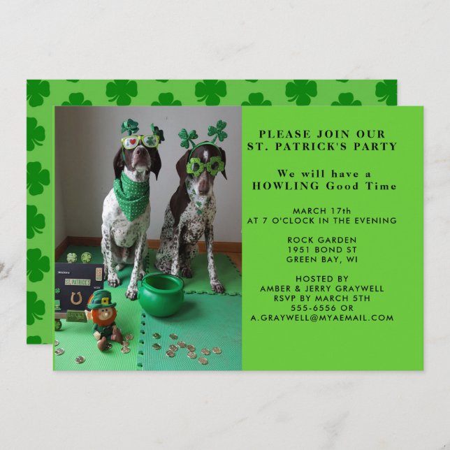St. Patrick's Party Hunde mit Shanrocks Einladung (Vorne/Hinten)