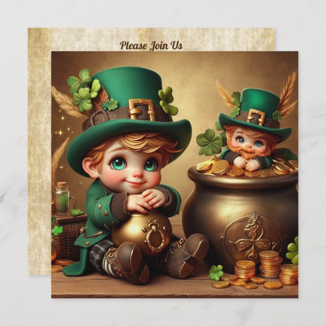 St Patrick's Pot of Gold Boy Leprechaun Square Einladung (Vorne/Hinten)