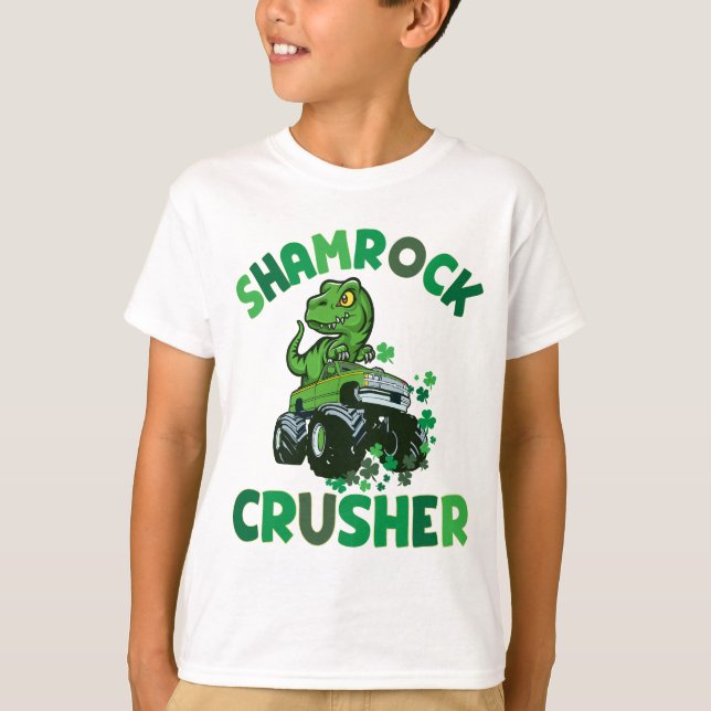 St. Patrick's T. rex Monster Truck Kleeblatt T-Shirt (Vorderseite)