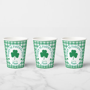 St Patricks Tag NAME Irisches Kleeblatt Grün Karo Pappbecher