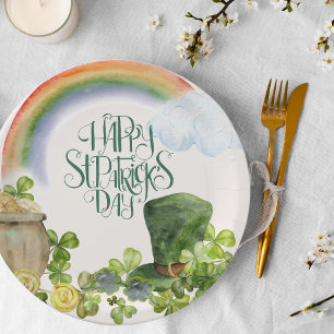 St. Patricks Tag   Wasserfarben Regenbogen und Kle Pappteller