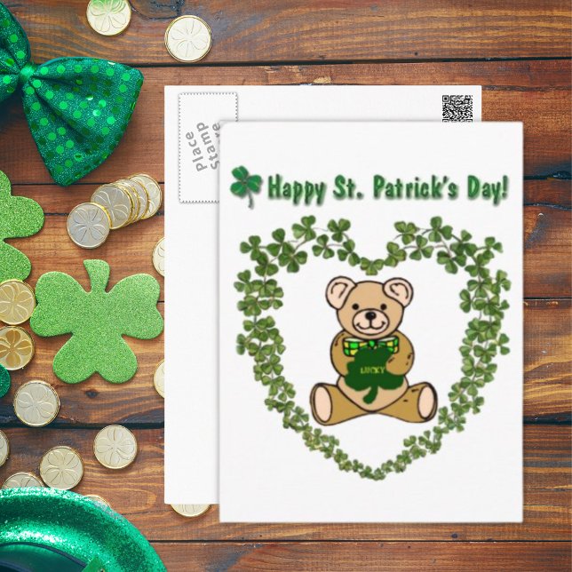 St. Patrick's Teddy Bear in Clover Heart Postcard Postkarte (St. Patrick's Teddy Bear in Clover Heart Postcard)
