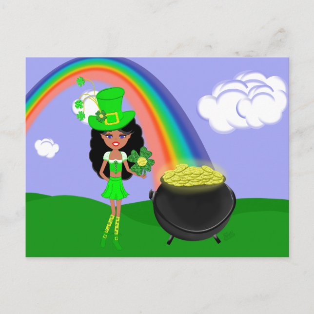 St Pat's Day Brünett Girl Leprechaun mit Regenboge Postkarte (Vorderseite)
