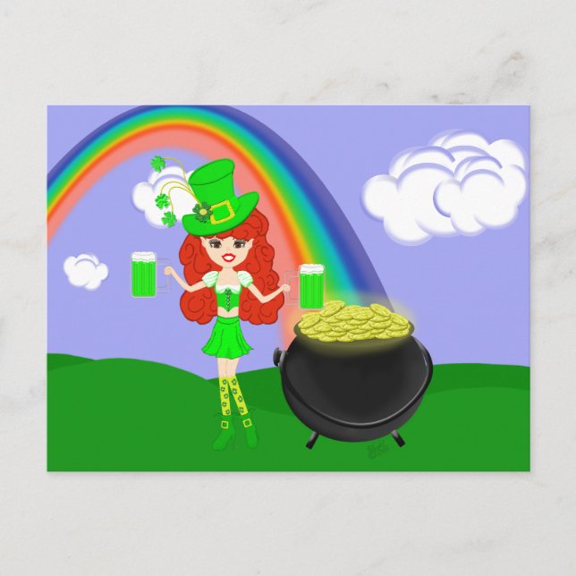 St Pat's Day Redhead Girl Leprechaun mit Regenboge Postkarte (Vorderseite)