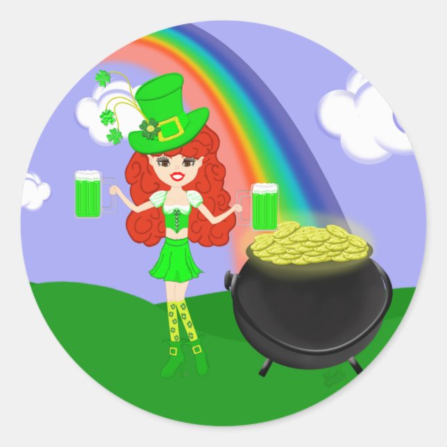 St Pat's Day Redhead Girl Leprechaun mit Regenboge Runder Aufkleber (Vorderseite)
