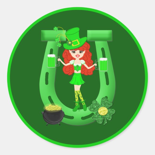 St Pat's Day Redhead Girl Leprechaun Runder Aufkleber (Vorderseite)
