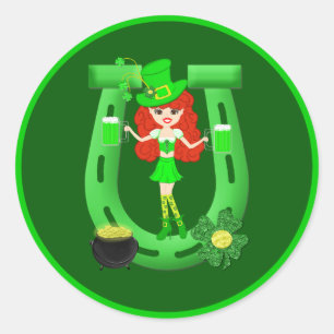 St Pat's Day Redhead Girl Leprechaun Runder Aufkleber