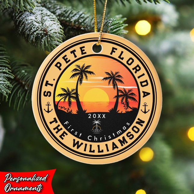 St Pete Beach Florida Retro Sunset Palm Tree 80er Keramik Ornament (Von Creator hochgeladen)