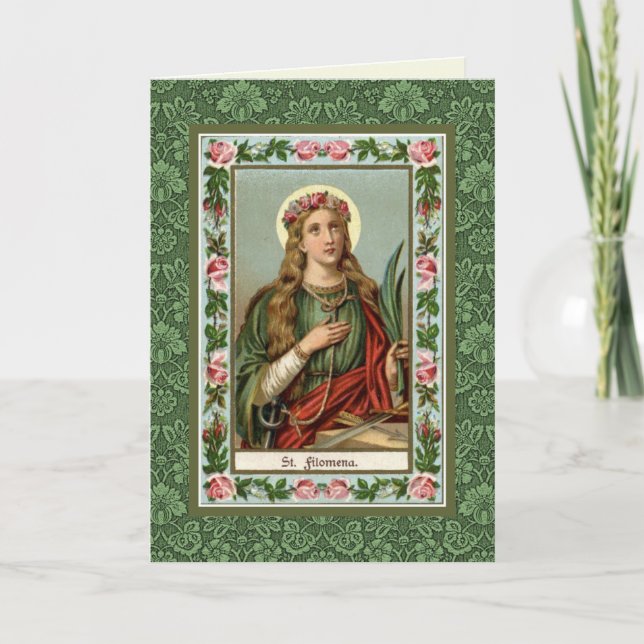 St. Philomena Pink Roses Palm Cord Karte (Vorderseite)