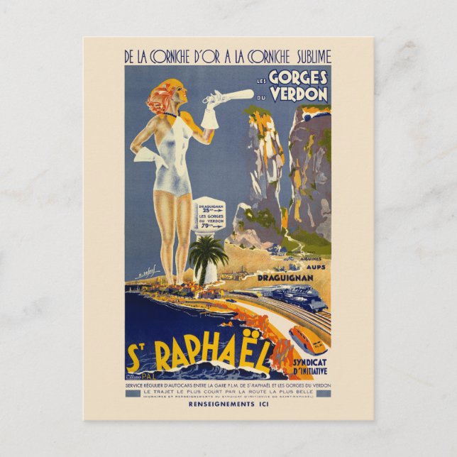 St Raphaël France Vintage Poster 1930er Postkarte (Vorderseite)