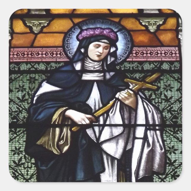 St. Rose Lima - Beten Sie für unser farbiges Glasf Quadratischer Aufkleber (Vorderseite)