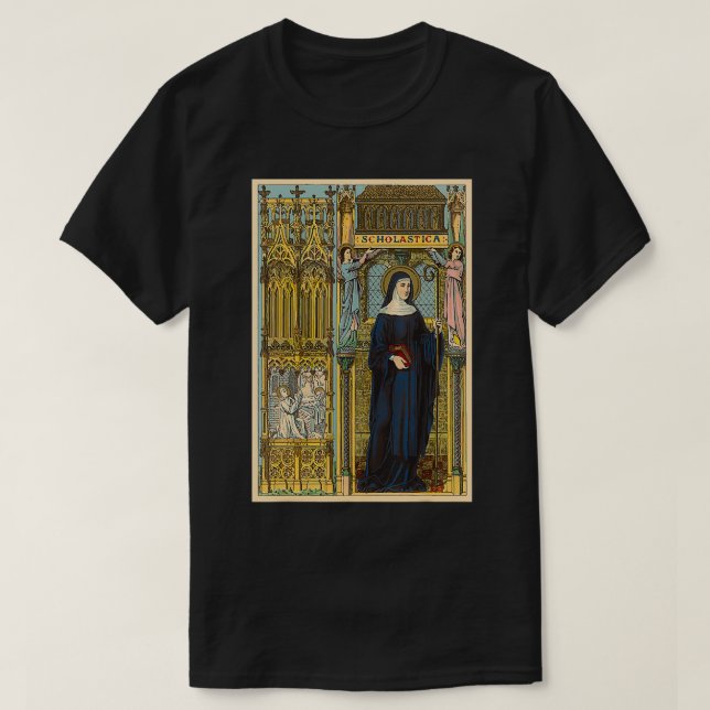 St Scholastica Benedict Katholische Heiligen T-Shirt (Design vorne)