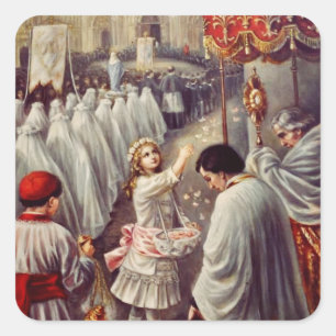 St. Teresa wirft Blume zum gesegneten Sakrament Quadratischer Aufkleber