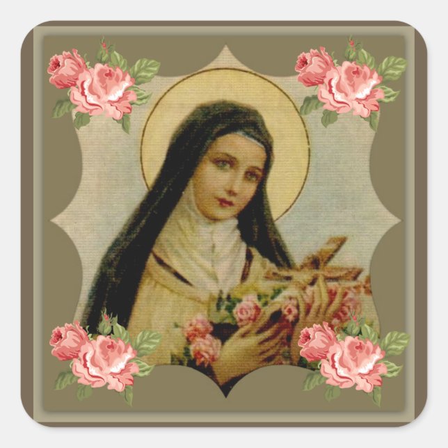 St. Therese Pink Roses Quadratischer Aufkleber (Vorderseite)