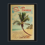 St Thomas Palm Tree Vintage Travel Postkarte<br><div class="desc">Ein einzigartiges Retro Mitte des Jahrhunderts moderne St. Thomas Jungfrau Islands Kunstdruck im Vintage Reise Poster Stil. Es verfügt über eine geschwungene Palme am Sandstrand mit Ozean unter einem blauen bewölkten Himmel.</div>